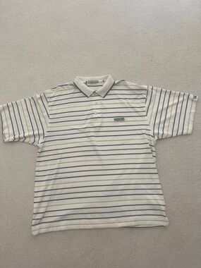 Cutter & Buck Vintage Cream Striped Polo with Navy & Tan Accents